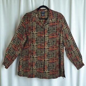 City Silk Button Down Blouse Woman Large 100% Silk Long Sleeve Abstract Print‎
